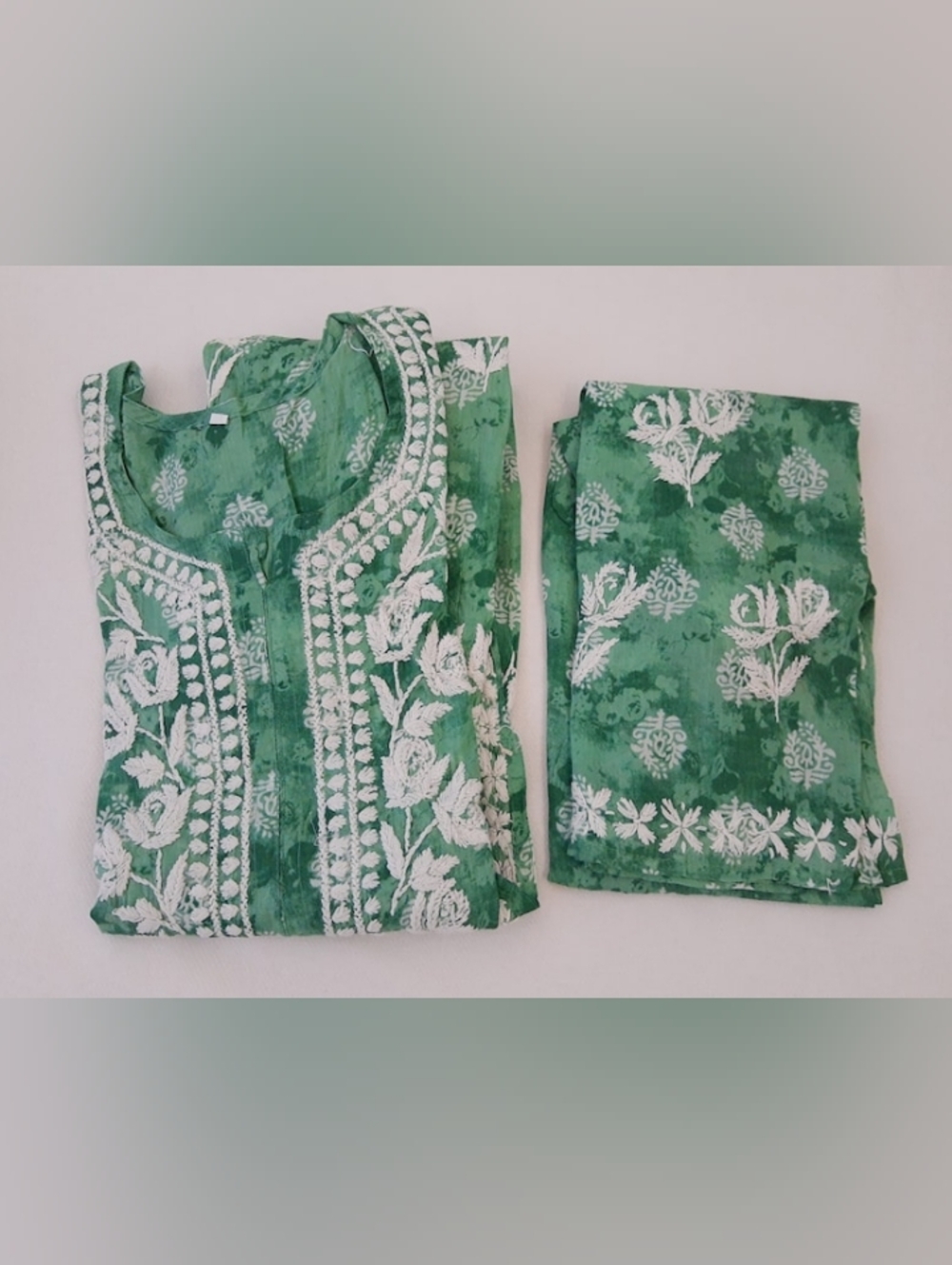 Green Women Kurta Bottoms Set with White Embroidery